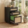 Rattan Rolling Printer Stand File Cabinet with Lock & 3 Drawers, Wooden Under Desk Filing Cabinet Organizer, Storage Furniture for A4 Letter Documents Home Office Back to School Essentials, Black