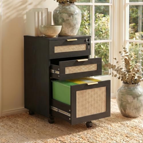 Rattan Rolling Printer Stand File Cabinet with Lock & 3 Drawers, Wooden Under Desk Filing Cabinet Organizer, Storage Furniture for A4 Letter Documents Home Office Back to School Essentials, Black