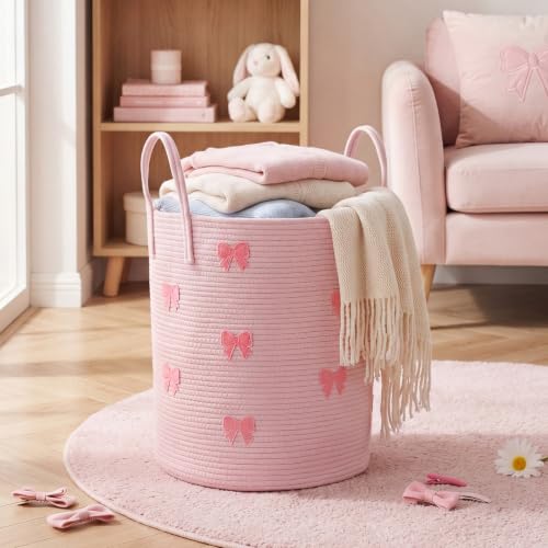 RattanView Pink Bow Laundry Basket Hamper Coquette Bow Laundry Basket Cotton Rope Large Pink Hamper Bin 15 x 17.7 Inches Girls Room Storage Decor for Blanket Toys Clothes Organization