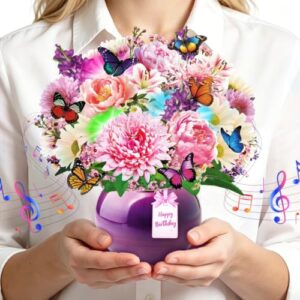 Rayilyn Happy Birthday Musical Cards for Women Mom, 3D Pop-Up Greeting Card with Light & Music, 10 Inch Peony & Gerbera Flower Bouquet & Butterflies Design Gift Card for Woman, Lady, Sister