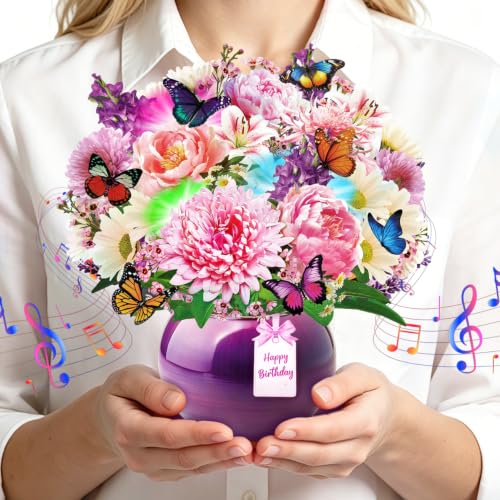 Rayilyn Happy Birthday Musical Cards for Women Mom, 3D Pop-Up Greeting Card with Light & Music, 10 Inch Peony & Gerbera Flower Bouquet & Butterflies Design Gift Card for Woman, Lady, Sister