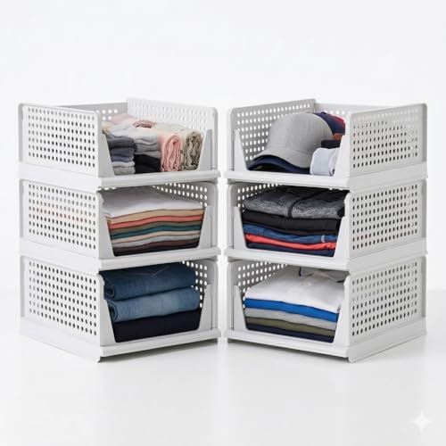 RBOHKO 6 Pack Folding Stackable Wardrobe Drawer Storage Organiser | Closet Organizers and Storage Stackable Storage Bins | Closet Storage Toy Storage Underbed Storage Storage Baskets Home Organisation