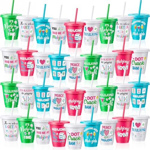 Reallnaive 36 Pcs Mahjong Plastic Cups Bulk with Lids and Straw Reusable Mahjong Theme Party Tumblers for Mahj Lovers, Game Night Family Play Day Theme Birthday Party Decor (16oz)