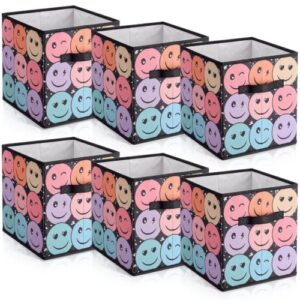 Reallnaive 6 Pcs 11 Inch Composition Fabric Storage Cubes Smile Face Fabric Storage Bins Foldable Baskets with Handles Collapsible Cubes Organizer for School Closets Books Clothes Organization Shelves
