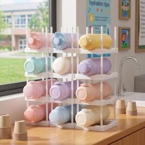 Reallnaive Water Bottle Organizer for Classroom Hydration Station Hold 12 Bottles Back to School Student Cup Water Bottle Holder Stackable ABS Plastic Rack for Office School Classroom Tumbler Storage