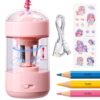 Rechargeable Automatic Electric Pencil Sharpener for Kids, Auto in & Out 3 Adjustable Thickness, Type-C Charging, Cute DIY Stickers, for 6-8mm Pencils, 3s Fast Sharpening, for School & Home (Pink)