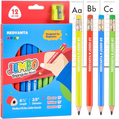 REDVANTA Jumbo HB Pre-sharpened Pencils #2 for Toddlers Preschoolers First Writing, Thick Triangular Grip Fat Pencils with Latex-Free Erasers, Break-Resistant, Back to School Supplies, 12 Count