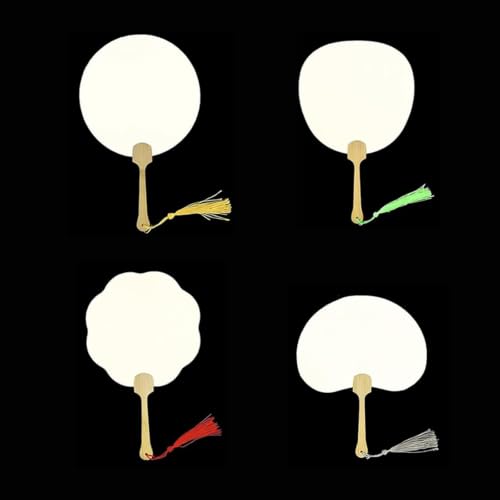 Reelartisy 4Pcs Classic Round Shape Blank Xuan Paper Fan Set, DIY Painting Craft Kit with Bamboo Handle and Silk Tassel, Thick PVC Core for Acrylic Watercolor Epoxy Resin, Hanfu Wedding Party Favor