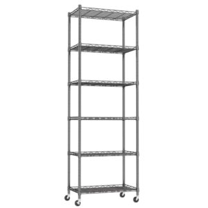 REGILLER 6 Wire Shelving Steel Storage Rack Adjustable Unit Shelves for Laundry Bathroom Kitchen Pantry Closet(Black,11.7" D x 21.4" W x 64.5" H,With Wheels)
