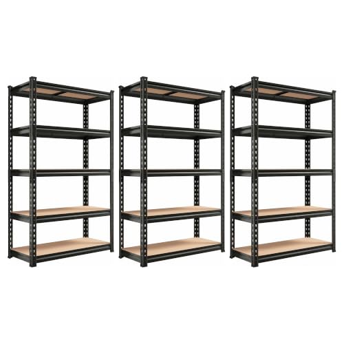 REIBII Set of 3 Storage Shelves 5 Tier Garage Shelving Heavy Duty Load 2000LBS, 60" H x 27.6" W x 11.8" D Adjustable Metal Shelving Unit, Utility Rack Shelf for Basement Pantry Shed Warehouse
