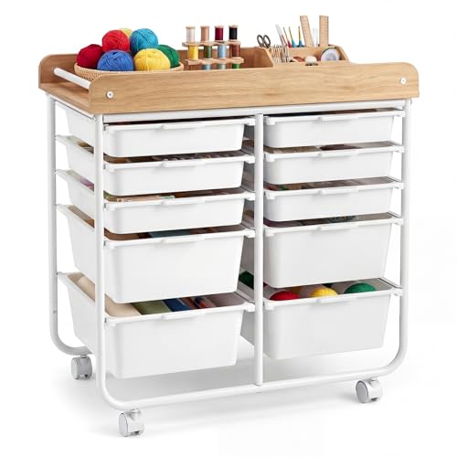 RELAX4LIFE 10-Drawer Rolling Cart with Drawers - Mobile Art Craft Organizer w/Wooden Top, Lockable Wheels, Metal Frame & Handles, Utility Storage Cart for Office Study School Classroom (White)