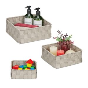 Relaxdays, Set of 3, 3, Woven, Plastic, Metal Frame, Bathroom Baskets, Storage Box, Grey, Various sizes