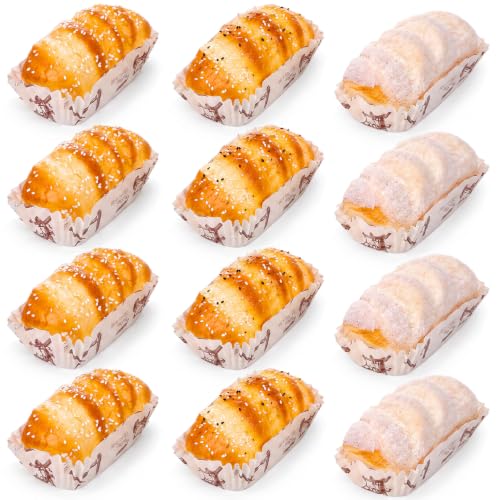 Relaxgiant 12 Pcs Artificial Cake Set PU Realistic Food Simulation Cupcake Model Fake Bread Dessert Display Prop for Home Kitchen Bakery Party Decoration, 4.13 x 2.09 x 2.09 Inches, 3 Styles