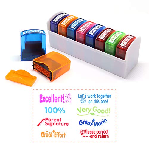 RELIANCER 8PCS Teacher Stamp Set,Colorful Self-Inking Motivational Classroom Stamper for Grading,Encouraging Rating Stamp Student,Parent Signature Stamps for Homework,School Homeschool Reward Supplies