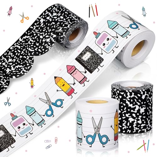ReliThick 2pcs 66ft Back to School Bulletin Board Borders Supplies Composition Notebook Classroom Decor Scalloped Pencil Stationery Rolled Border Trim DIY for Classroom Chalkboard Office Wall Door