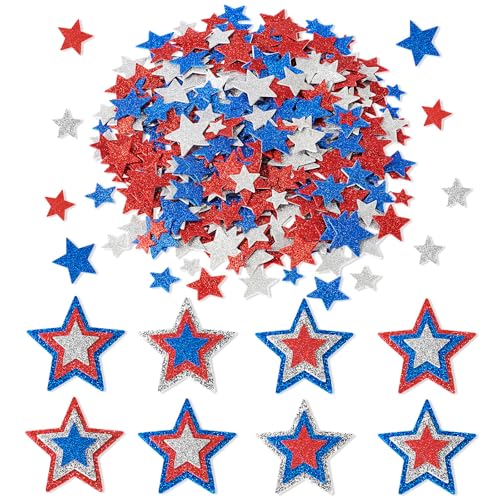 ReliThick 300pcs Red Blue Sliver Star Foam Stickers Glitter Patriotic Star Self-Adhesive 4 Sizes for Labor Day DIY Scrapbook Cards Gifts Party Favor