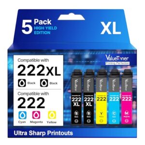 Remanufactured for 222XL Ink Cartridges for Epson Printer (5-Pack) High-Capacity Black & Standard Color for Epson 222 Ink Cartridges 222XL Work with Workforce WF-2960 Expression XP-5200 Printer