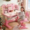 Remorui Kids Desk and Chair Set, Height Adjustable Astronaut Pattern Children School Desk with Shelf & Large Drawers, Kids Writing Study Table for Boys Girls 3+