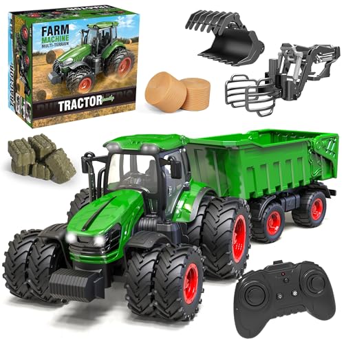 Remote Control Tractor Toy with Trailer | 2-in-1 8-to-4 Wheel Convertible Front Loader 2.4GHz RC Vehicle, Hood, LED Lights & Openable Doors, Hay Bales & Farm Animals, Gift for Kids Ages 3-8