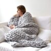 Rengue Pure Wool Small Blanket 50x50cm, Lightweight Handmade Knit Throw for Airplane Car Travel, Armchair Lap Cover for Elderly, Portable Winter Foot Warmer (Grey)