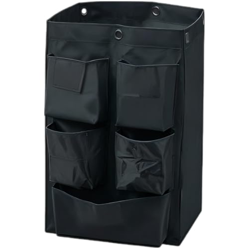 Replacement Janitorial Cart Bag, Black Housekeeping Bag for Hotel Hospital Janitorial Services, 15.7 x 11.0 x 27.6 in, Oxford Cart Bag with 5 Pockets, Heavy Duty for Cleaning Carts