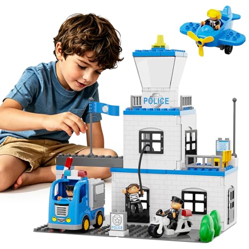 Rescue Police Station Toy, 76Pcs Classic Big Building Blocks Compatible With All Major Brand, Push & Go Car Toy w/Police Motorcycle/Car/Airplane, Pretend Play Set & Learning Toy for Boys/Girls Ages 2+
