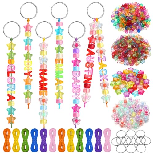Resholder 604 Pcs DIY Beadable Keychain Making Kit Bag Charm Beads Kit Include Waxed Cord Metal Key Rings Beads for Back to School First Day of School Gifts Keychain Backpack Bracelets Party Supplies
