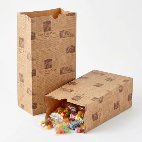 Restaurantware-Bag Tek 12 Lb Disposable Lunch Bags, 1000 Sturdy Take Out Bags - Flat Bottom, Microwavable, Kraft Newsprint Design Paper Bags, Freezable, Great For Restaurants, Cafes, And Bakeries