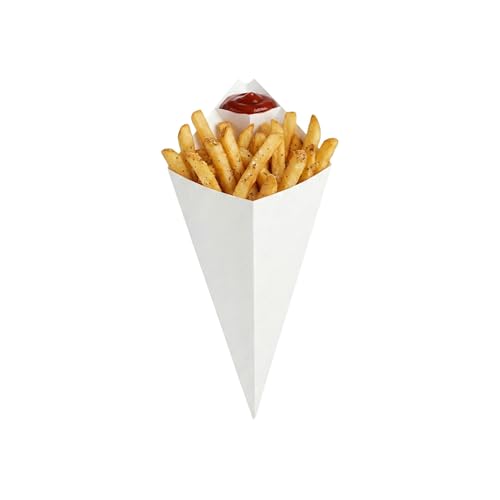 Restaurantware-Conetek 10-Inch Eco-Friendly White Finger Food Cones with Built-in Condiment Dipping Pocket: Perfect for Appetizers - Food-Safe Paper Cone - Disposable and Recyclable - 50-CT