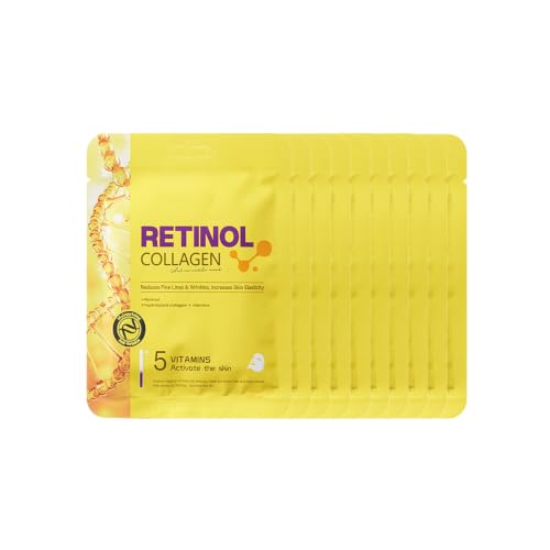 Retinol Collagen Face Mask, 10 Pack Anti Aging Skincare Facial Sheet Masks with 5 Vitamins, Intense Moisturizing, Tightening & Firming, Improve Skin Texture & Elasticity, All Skin Types