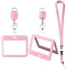 Retractable Badge Reel Clips with ID Card Holder, Double Sided Clear Name Tag Protector, Detachable Lanyard for Nurse Teacher Office Worker Student(Pink)