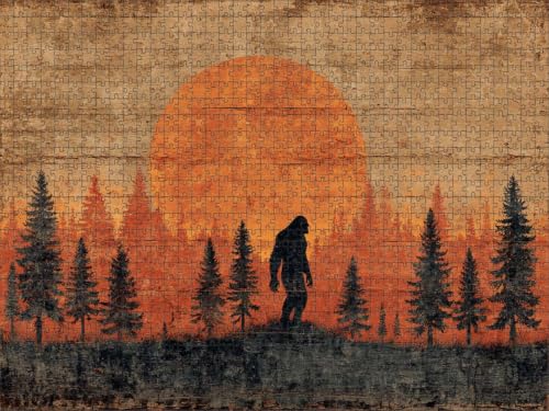 Retro Bigfoot Silhouette Vintage Wood Texture Sunset Pine Forest Wooden Jigsaw Puzzle 500 Pieces for Adults Orange Sun Trees Wilderness Landscape Family Fun Wall Art Gifts Men Women Nature Lovers