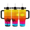 Retro Geometric Palm Tree & Sun 40 Oz Car Cup Tumbler with Handle Straw, Large Capacity Stainless Steel Insulated Travel Mug Double Wall Vacuum Leak Proof Water Bottle for Hot Cold Drinks Coffee Iced