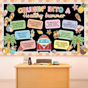 Retro Summer Beach Bulletin Board Set Groovy Hawaii Beach Classroom Decorations Cruisin' Into A Healthy Summer Tropical Classroom Paper Cutouts for Back to School Chalkboard Wall Teacher Supplies