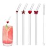 Reusable Glass Straws with Decorative Bear Charms, 8 inch, Set of 4 with Cleaning Brush