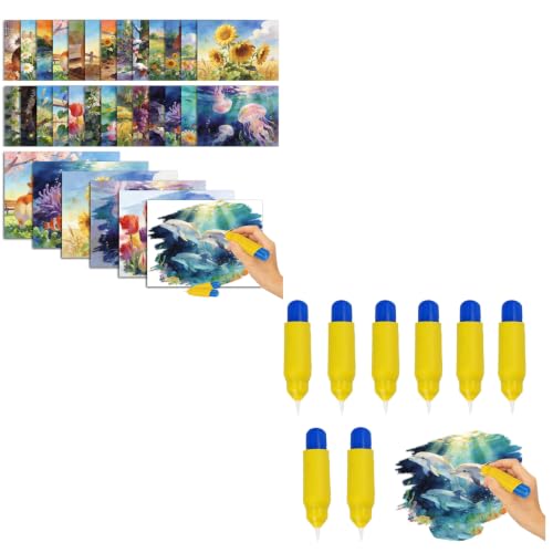 Reusable Water Painting Bundle with 27 Coloring Cards & 10 Aqua Brushes, Mess-Free Dementia Activities for Elderly Seniors, Art Therapy Crafts for Memory Care, Nursing Home Gifts