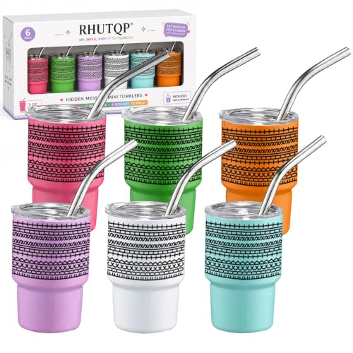 RHUTQP 3oz Hidden Message Mini Tumbler Shot Glasses with Lids and Straws, Stainless Steel Double Wall Vacuum Insulated Cups Set, Novelty Gag Gift for Adults, White Elephant, Travel Cocktail Party