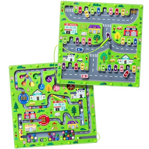 rifamee 2 in 1 Magnetic Color and Number Maze Magnet Alphabet Counting Double Sided Board Wood Puzzle Fine Motor Skills Montessori Preschool Toys Gifts for Boys and Girls 3-5 Age (Big Car, One Size)