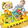 RISUNTOY Construction Sand Kit with Foldable Sandbox Case - 1.1lbs Sensory Play Sand, 4 Alloy Trucks & Molds - Mess-Free Travel Beach Toys for Toddlers 3-5, Portable Dry-Wet Separation Design