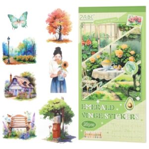 RISYPISY Green Journaling Supplies Sticker, 20 Sheets Scrapbook Sticker Book, Junk Journal Kits Pre-cut Watercolor Scrapbooking Supplies for Adults Planner Cottagecore Decorative DIY Craft Project, 182PCS
