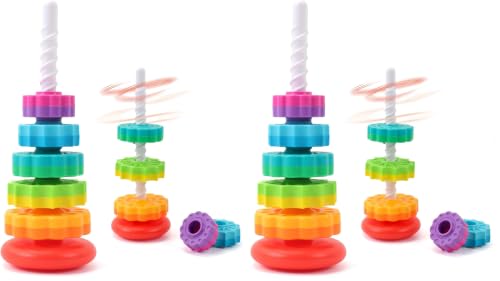 Riuja Baby Spinning Stacking Toys, 1-3 Rainbow Ring Stacker Montessori Toys for Babies, Sensory Toys for Toddlers, Christmas and Birthday Gifts Suitable for Boys and Girls (14 inches) (Pack of 2)