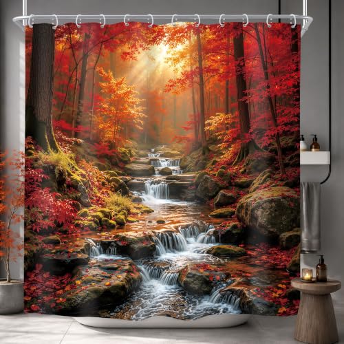 Riyidecor Rainforest Shower Curtain 72Wx72H Inch Nature Waterfall Fall Autumn Jungle Red Trees Tropical Summer Scenery Botanical Neutral Woman Bathroom Decor Fabric Polyester Waterproof 12 Pack Hooks