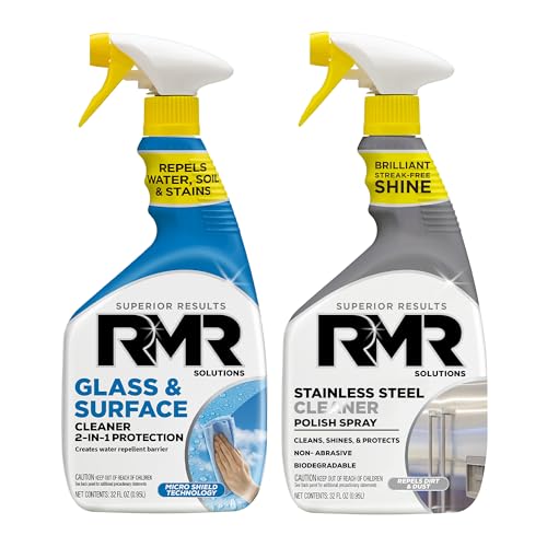 RMR Gleam Team Bundle – Glass & Surface Cleaner + Repellent and Stainless Steel Cleaner Polish, 2-Step Cleaning System for Windows, Shower Doors, Appliances, Faucets & Mirrors, 2–32 Oz Bottles