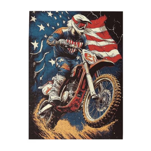 RMYRHQ Classic Retro Motocross Jump Graphic Bald Eagle Flag Superhero Art Wooden Puzzles for Adults 500 Pieces Patriotic Street Print Puzzle Ideal for Biker Collectors Birthday