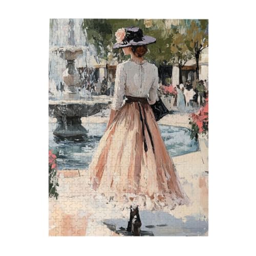 RMYRHQ Dreamy Fountain Lady Portrait Wooden Puzzles for Adults 500 Pieces Textured Thick Paint Retro Skirt Hat Woman Busy Plaza Greenery Floral Scene Jigsaw Unique for Puzzle Loves