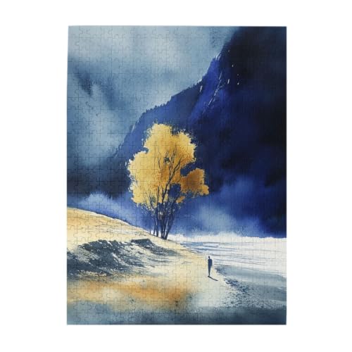RMYRHQ Dreamy Moody Blue Tone Watercolor Single Golden Autumn Tree Wooden Puzzles for Adults 500 Pieces Warm Fall Grassland Landscape Puzzle Ideal for Nature Lovers New Year and Holiday Presents