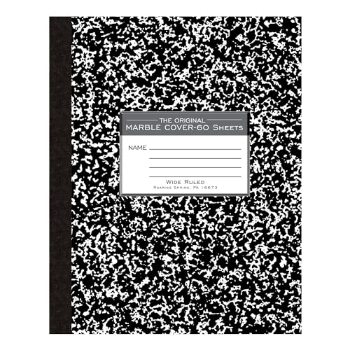 ROARING SPRING Flexible Cover Composition Notebook, Black Marble, Wide Ruled w/Margin, 60 Sheets (120 Pages), 9.75" × 7.75", Center-Sewn, Made in USA