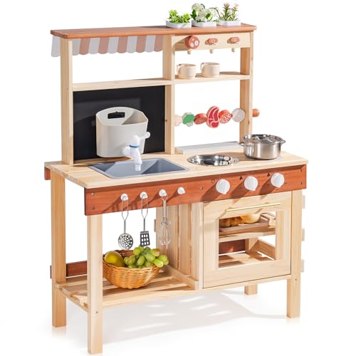 ROBOTIME Kids Mud Kitchen, Wooden Mud Kitchen for Kids Outdoor with Real Water Play Sink, BBQ Grill, Coffee Maker & Planting Station, Large Storage Outdoor Play Kitchen, Kitchen Toys for Ages 3+