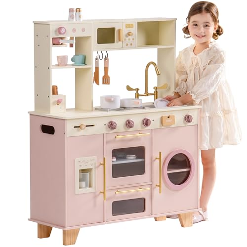 ROBOTIME Kids Play Kitchen, Modern Wooden Toy Kitchen with Ice Maker, Coffee Maker, Oven, Microwave, Toaster, Stove, Dishwasher & Sink, Ultimate Kids Kitchen Playset for Ages 3+