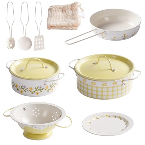 ROBOTIME Kids Pots and Pans Playset – 9 PCS Pretend Play Kitchen Accessories Set with Metal Cookware, Cooking Utensils & Storage Bag – Toy Pots and Pans for Toddlers Age 3+ (Yellow)